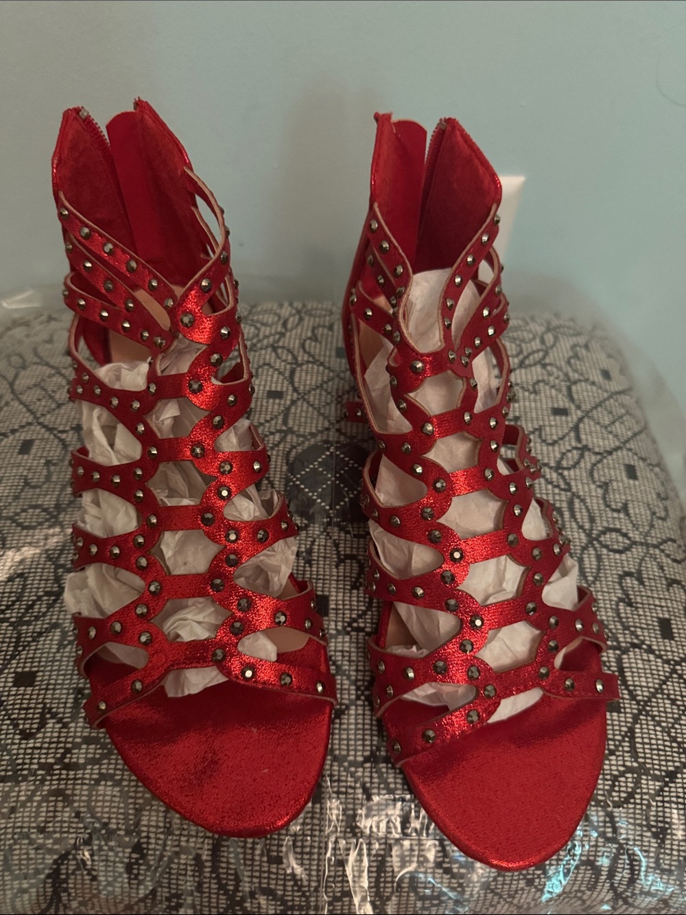Red Studded Strappy Low Heeled Sandals